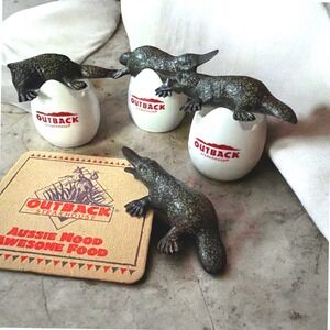 Outback Steakhouse Platypus Egg Figures and vintage Coaster  Promotional Set